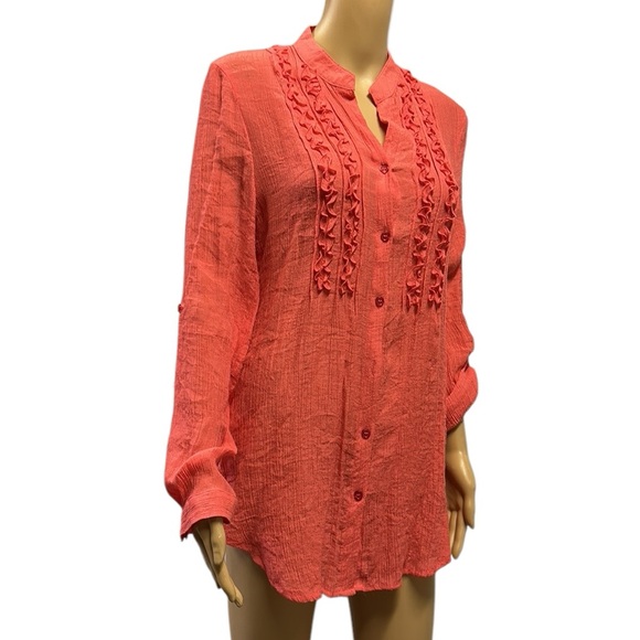 Spense Rayon Long Roll Tab Sleeve Button Up Ruffled Textured Tunic Blouse Medium - Picture 2 of 14